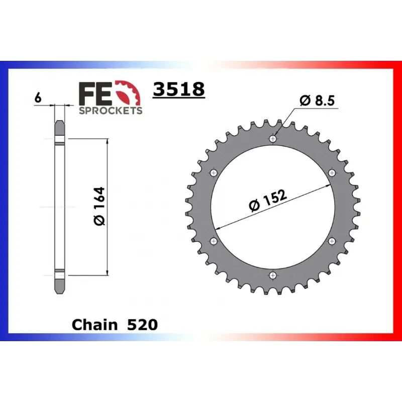 Usine Directe Couronne Acier 39 dents pour chaine 520 – France Equipement 1001.3518.39