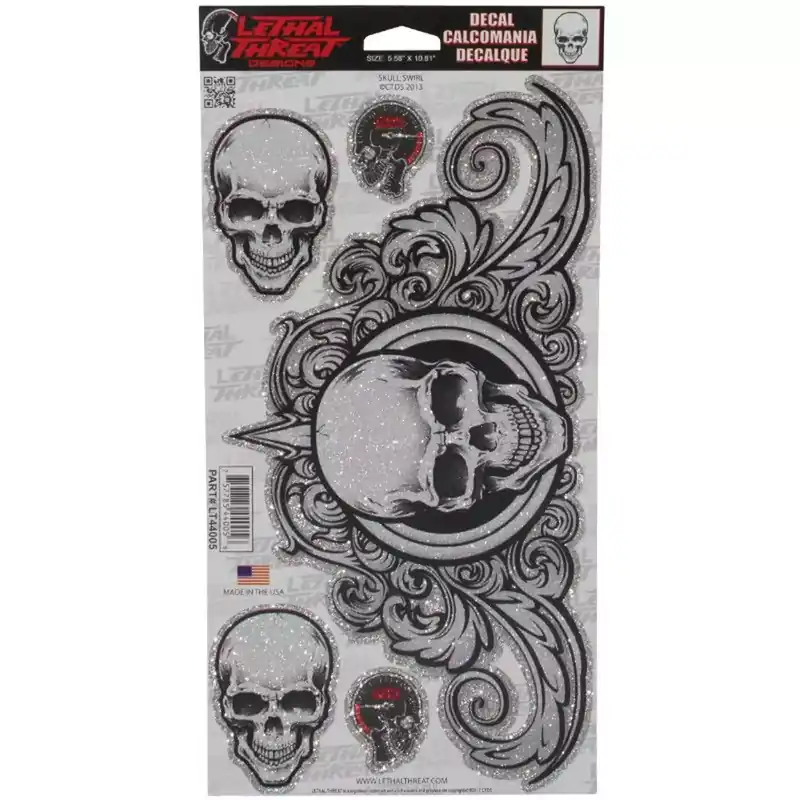 Autocollant / Sticker – LETHAL THREAT Skull Swirl Pailleter 15 x 26cm Must-Have