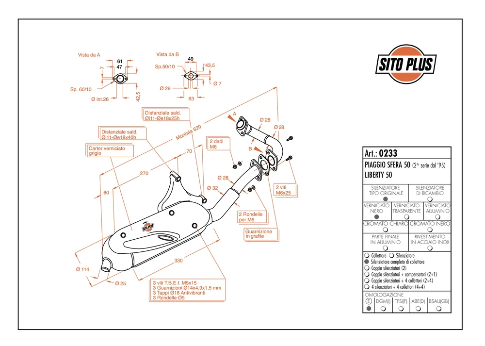 Promotion Saisonnière Sito / LeoVince Système d&rsquo;échappement Sito Plus, acier pour Piaggio Liberty 50 (année 1995-)