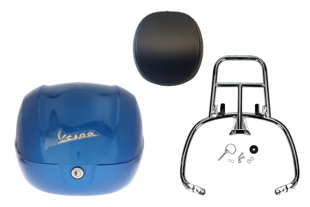 Kit top case 32L bleu (261/A), coussin dorsal noir pour Vespa Sprint / Primavera Meilleure Vente