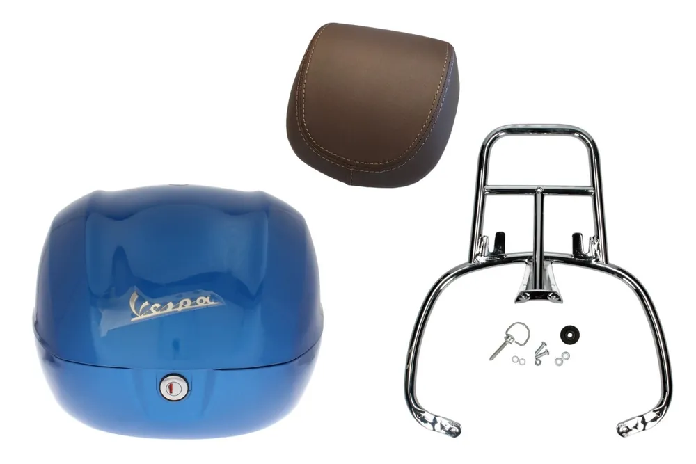 Kit top case 32L bleu (261/A), coussin dorsal marron pour Vespa Sprint / Primavera Prix Choc