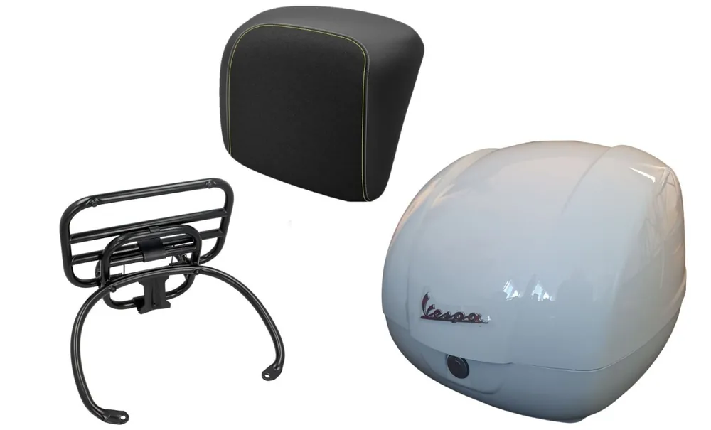 Kit top case 36L blanc, porte-bagages noir, coussin dorsal noir avec coutures jaunes pour Vespa GTS Commander Vite