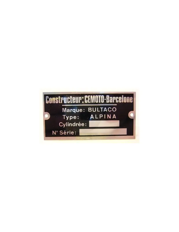 BULTACO Alpina plaque d'identification aluminium Commander Vite